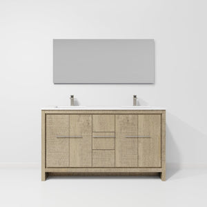English Elm Rustic Acacia Double Bath Vanity With White Quartz Top, Gun Metal Faucet & 55 In. Mirror Included B2731S01685-GIGA