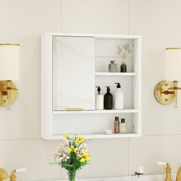 English Elm Modern Wall Mounted Mirrored Medicine Cabinet with Open Shelves Gold Hardware Bath W3875P379308