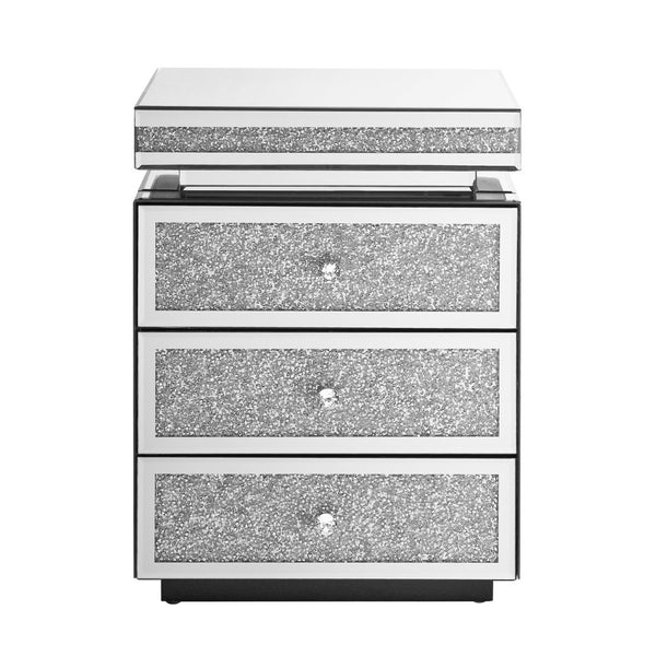 English Elm Mirrored Three Drawer Nightstand with Crystal Diamond Inlay Glam Bedside Storage W1005P248529