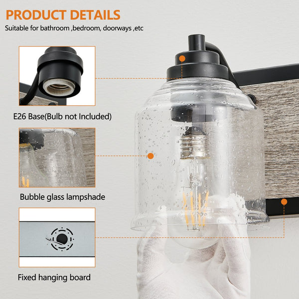 English Elm 49" Farmhouse Vanity Light Fixture - 6-Light Industrial Bathroom Sconce with Clear Seeded Glass Shades, Black Wood Finish W2312P374829