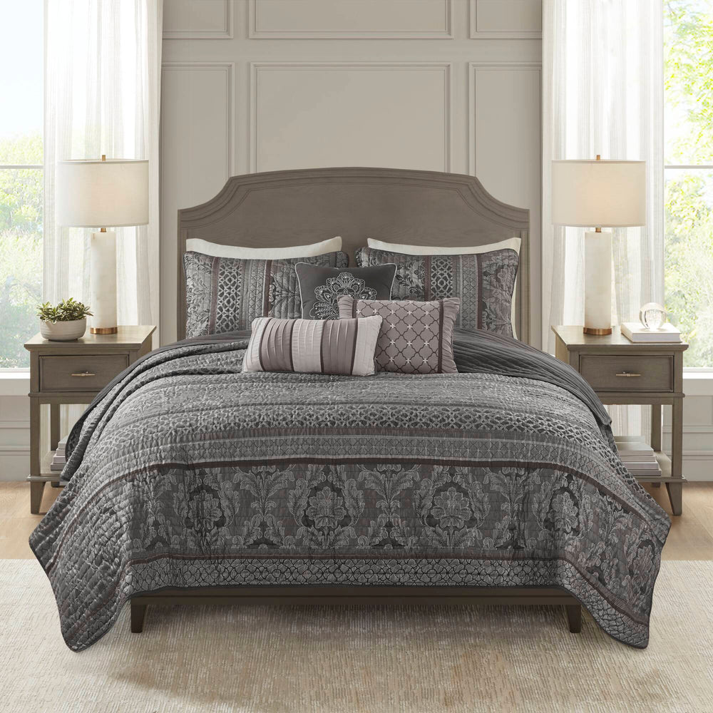 JLA Home Madison Park - 6 Jacquard Quilt Set with Reversible Luxury Weave, Hotel-Quality Stitching and Embellished Throw Pillows Grey MP13-8780