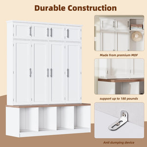 English Elm Farmhouse Hall Tree with Triple Arch Back Panel Eight Hooks Drawers and Entryway Bench White N721S000059K-1