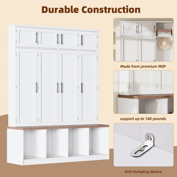 English Elm Farmhouse Hall Tree with Triple Arch Back Panel Eight Hooks Drawers and Entryway Bench White N721S000059K-1