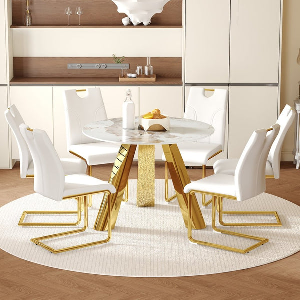English Elm Table 7-Piece Dining Set: 42-Inch White Imitation Marble Round Table With 6 Gold-Leg Chairs W2920S00050-GIGA
