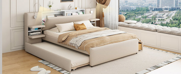 English Elm Queen Linen Upholstered Platform Bed with Storage Drawers, Trundle, Flip-Up Headboard & Lights Beige SF000187AAA