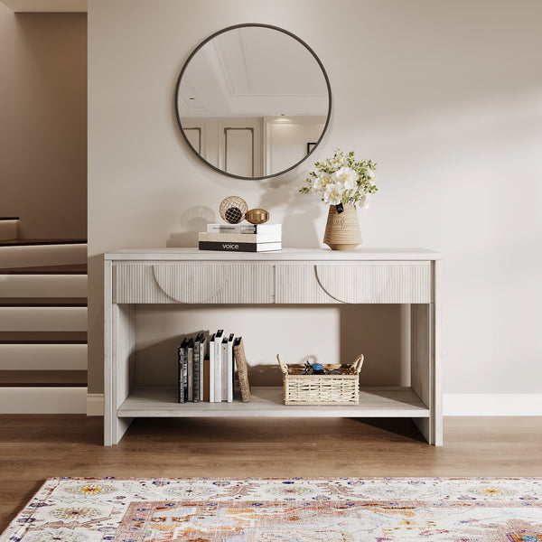 English Elm Farmhouse Solid Wood Console Table with Carved Drawers, Tiered Shelf & Anti-Tip Stability (57.8") White T3833P366467