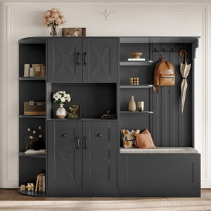 English Elm Multifunctional Modular Hall Tree Cabinet with Open Shelves and Hooks for Entryway Black W1580S00566
