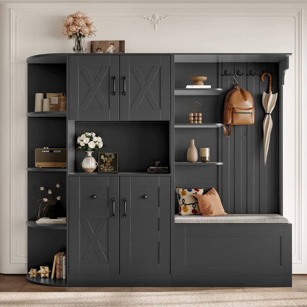 English Elm Multifunctional Modular Hall Tree Cabinet with Open Shelves and Hooks for Entryway Black W1580S00566