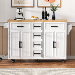 English Elm K&K 56.5" Kitchen Island with Drop Leaf, Embossed Vertical Stripe Barn Doors, Wheels & Charging Hub White N707P263094W
