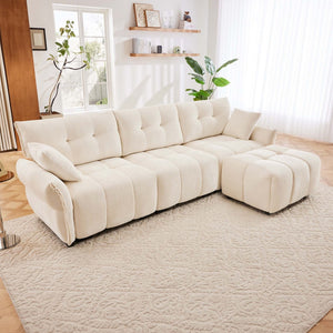 English Elm Three Seater Chenille Sofa with Ottoman Solid Wood Base Tufted Arms Living Room White W714S01653