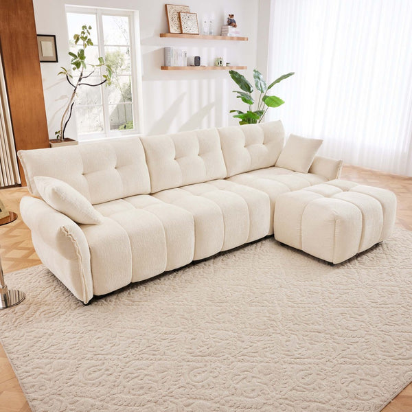 English Elm Three Seater Chenille Sofa with Ottoman Solid Wood Base Tufted Arms Living Room White W714S01653