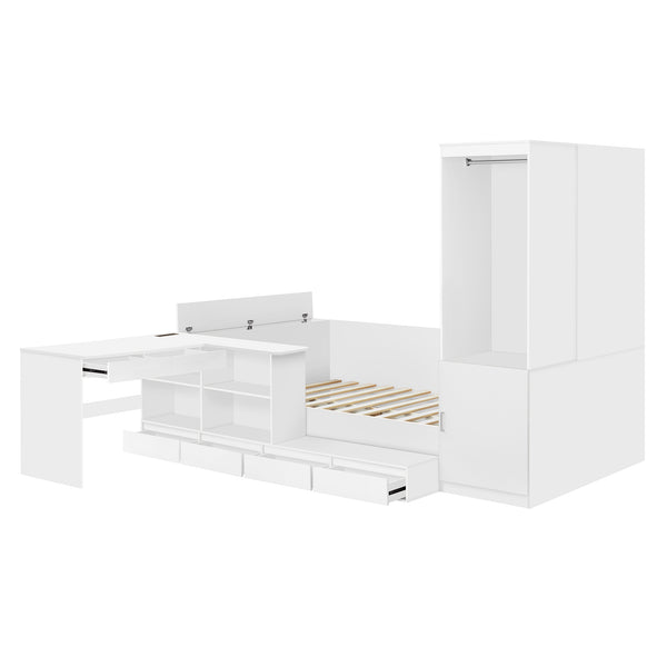 English Elm Full Size Wooden Platform Bed With Integrated Desk, 6 Drawers, Wardrobe & Modern Shelves, White Finish N820S00060K