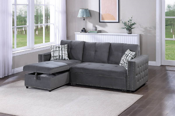 English Elm Gray Velvet Convertible Sectional Sofa with Pull-Out Bed, Reversible Storage Chaise, Tufted Elegance B011S01024