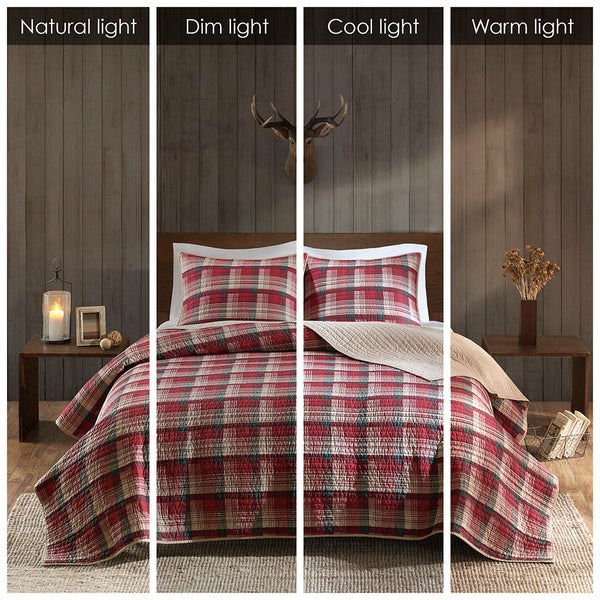 JLA Home Woolrich - 100% Cotton Oversized Quilt Mini Set – Reversible Plaid & Solid Design, Lightweight Breathable Year-Round Comfort Red WR14-1785