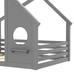 English Elm Full House Floor Bed with Roof Window and Shelf – Solid Pine Kids Loft-Style Low Bed, Durable Design Grey W1580P362698