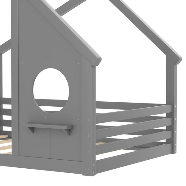 English Elm Full House Floor Bed with Roof Window and Shelf – Solid Pine Kids Loft-Style Low Bed, Durable Design Grey W1580P362698