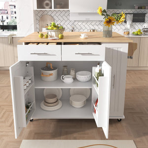 English Elm K&K Kitchen Island with Drop Leaf, Rolling Storage Cart with 3-Tier Pull-Out Organizer, Durable Wood Countertop White WF531421AAW