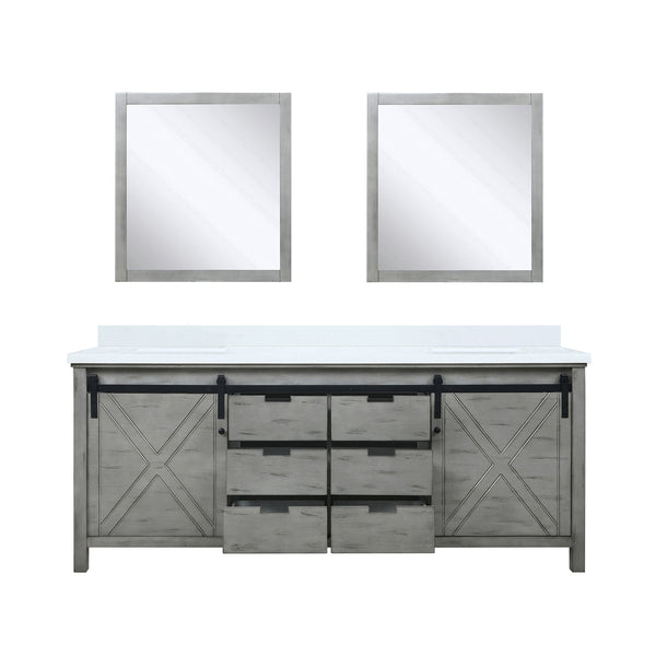 English Elm Ash Grey Double Bath Vanity 80" W x 22" D with White Quartz Top, Soft-Close Drawers & Dual 30" Mirrors B2731S00935