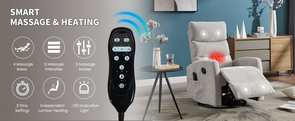 English Elm Heat Massage Rocker Recliner with Swivel Base and Vibration Nodes for Living Room W3224P322250