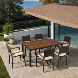 English Elm 7 piece Outdoor Patio Wicker Dining Set with Acacia Wood Table Brown Rattan Cream Cushions, Durable Elegance W329S00053