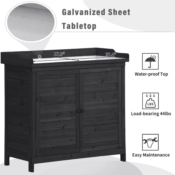 English Elm TOPMAX Rustic Fir Wood Potting Bench 39" with Galvanized Top, 2-Tier Shelves & Side Hooks, Black - Durable Garden Workstation N717P220218B