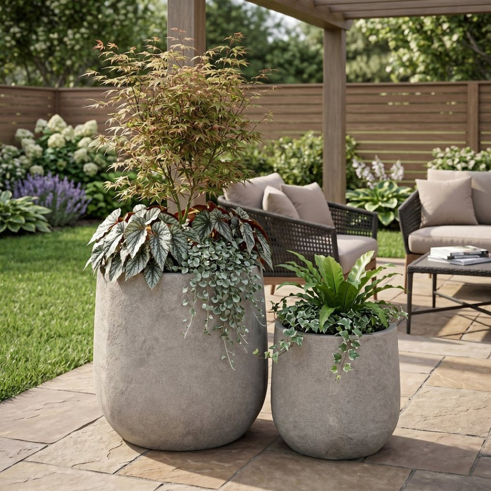 English Elm Round Concrete Style Planter Duo Handcrafted Magnesium Oxide Pots for Patio Garden W347P449373