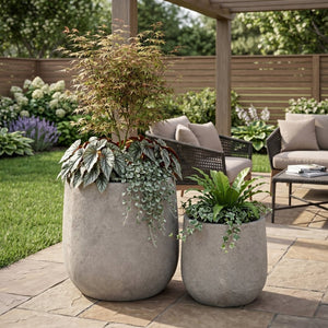 English Elm Round Concrete Style Planter Duo Handcrafted Magnesium Oxide Pots for Patio Garden W347P449373