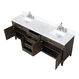 English Elm Brown Oak 84-Inch Double Bath Vanity With Carrara Marble Top And Chrome Faucet Set For Luxury Bathrooms B2731P259961