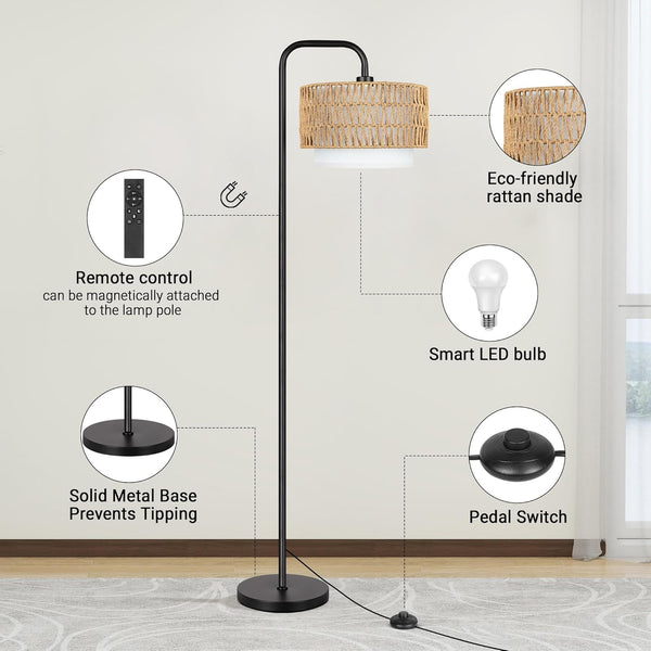 English Elm 68''Floor Boho Farmhouse Lamp with Remote & Pedal, 3Temp Dimmable LED, Rattan + Linen Shades, Black W3355P391496