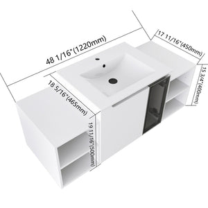 English Elm 48" Floating Bathroom Vanity with Ceramic Sink Soft Close Doors and Grey Glass Panel W999S00529