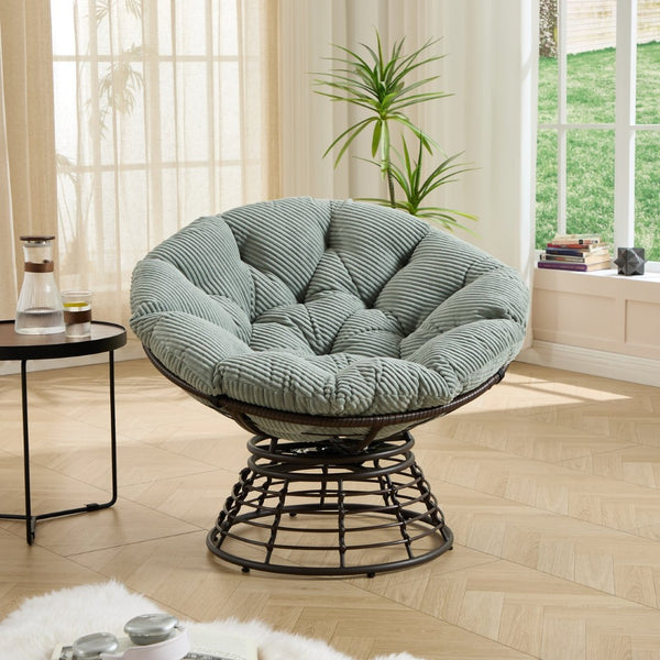English Elm Comfortable Rattan Papasan Swivel Chair Overstuffed Corduroy Cushion Indoor Outdoor Lounge W640P443557