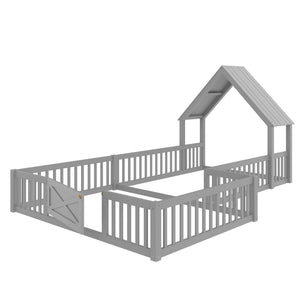 English Elm Full House Floor Bed with Door and Guardrails for Kids, Solid Wood Double Full, Safe Play Nook Grey W1580P354640