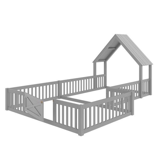 English Elm Full House Floor Bed with Door and Guardrails for Kids, Solid Wood Double Full, Safe Play Nook Grey W1580P354640