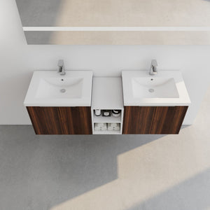English Elm 60 Inch Wall Mounted Vanity with Dual Resin Sinks, Soft Close Doors, Metal Handles & Shelves Durable Finish California Walnut W999S00187
