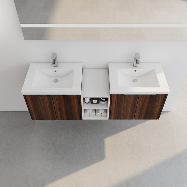 English Elm 60 Inch Wall Mounted Vanity with Dual Resin Sinks, Soft Close Doors, Metal Handles & Shelves Durable Finish California Walnut W999S00187