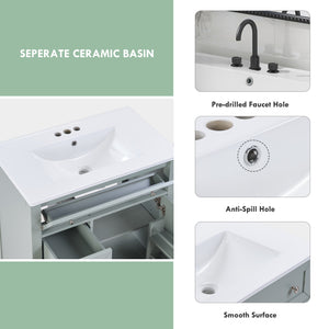 English Elm Solid Wood Bathroom Vanity Gray with Ceramic Undermount Sink, Triple Smart Storage, 70kg Load, Silent Slides W2896P318465