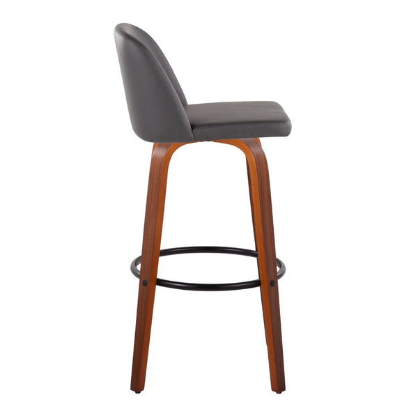 English Elm Toriano 30" Mid-Century Modern Swivel Barstool Set Of 2 In Walnut Wood & Grey Faux Leather Comfort B202S00698-GIGA
