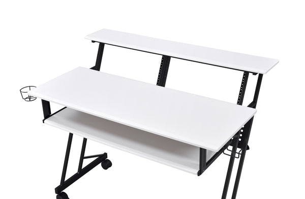 English Elm Suitor White & Black Studio Desk with Sliding Keyboard Tray, 61-Key Support, Open Storage, Casters B2726P297802