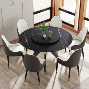 English Elm 59.05" Round Marble Dining Table With Silver Stainless Steel Base, Lazy Susan For 6-8 Guests, Elegant Design W1535S00392