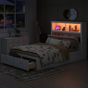 English Elm Wood Queen Size Hydraulic Platform Bed with LED Headboard, Charging Station, Hidden Storage Drawers and Shelves White GX000372AAK