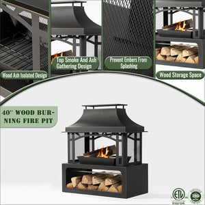 English Elm 40" Wood Burning Fireplace Outdoor Steel Fire Pit 50,000 BTU Rustic Chiminea for Patio Garden Backyards W853P166784