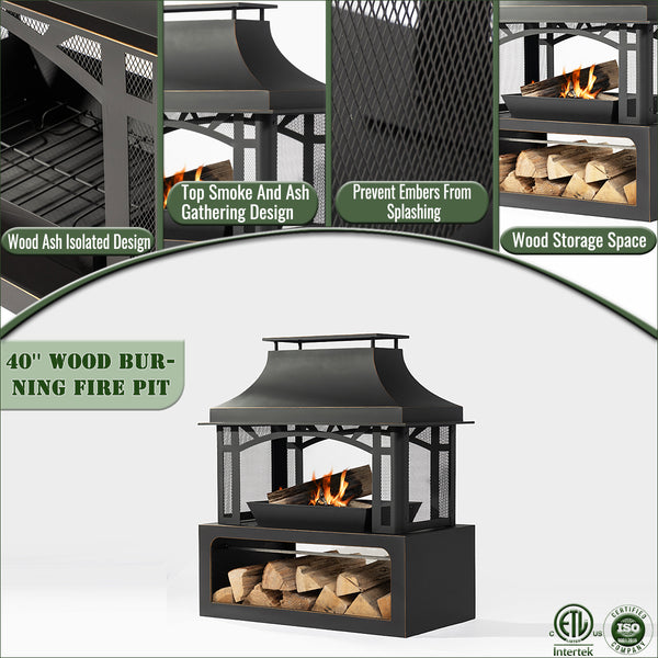 English Elm 40" Wood Burning Fireplace Outdoor Steel Fire Pit 50,000 BTU Rustic Chiminea for Patio Garden Backyards W853P166784