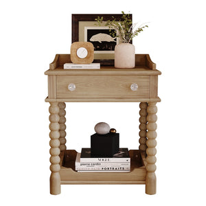English Elm Retro Bedside Nightstand with Turned Rubberwood Legs Open Shelf and Drawer Storage Natural N733P206240M