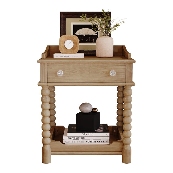 English Elm Retro Bedside Nightstand with Turned Rubberwood Legs Open Shelf and Drawer Storage Natural N733P206240M