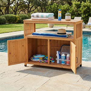 English Elm Wooden Solid Bar Height Buffet Cabinet with Slatted Panels for Patio or Dining Room W2640P330336
