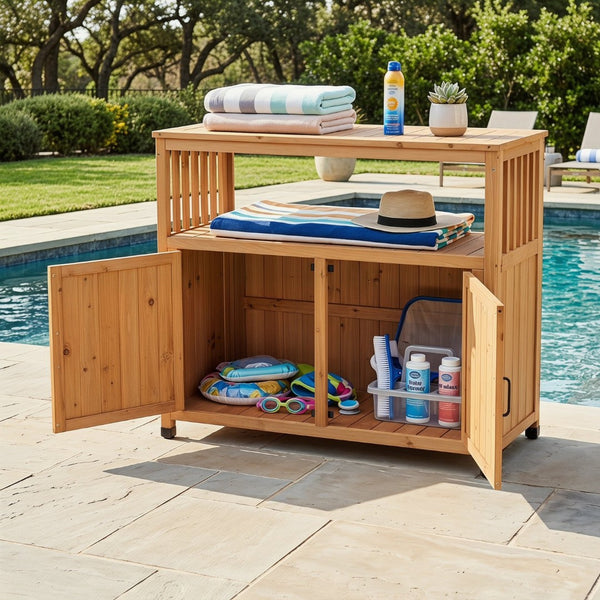 English Elm Wooden Solid Bar Height Buffet Cabinet with Slatted Panels for Patio or Dining Room W2640P330336
