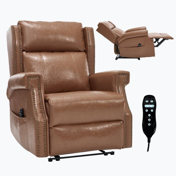English Elm Emon's Overstuffed Chenille Power Lift Recliner with Massage Heat and Charging Ports Camel W1803S00093