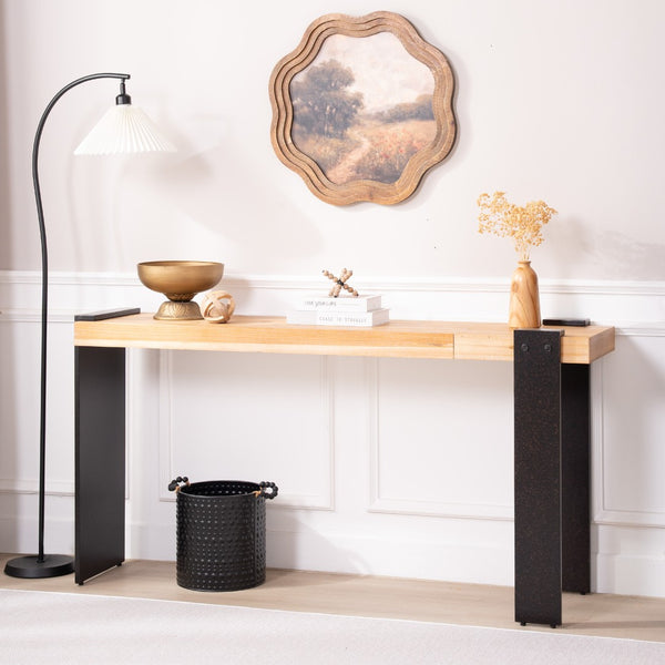 English Elm Rustic Industrial Console Table Weathered Steel Legs Engineered Wood Entryway Accent W2729P414724