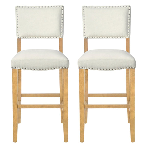 English Elm Barstools Set of 2 Nailhead Trim Beige Fabric Rubberwood Frame for Kitchen Island N780P366607N
