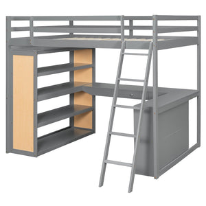 English Elm Full Size Loft Bed with Desk Shelves Writeable Board Pine Frame Gray Finish LT100226AAE-1